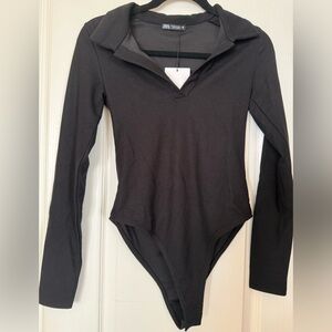 Zara Black Ribbed Long Sleeve Collared Bodysuit